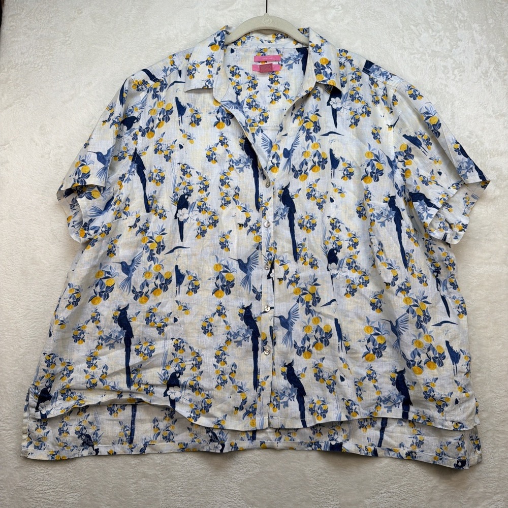 Isaac Mizrahi Linen Top Womens 2X‎ White Lemon Print Blouse Resort Coastal